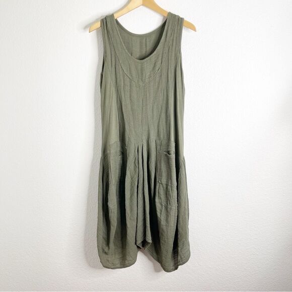 Made in Italy Dress Khaki Green Pure Linen Artsy Boho Lagenlook Balloon Hem - Picture 1 of 4